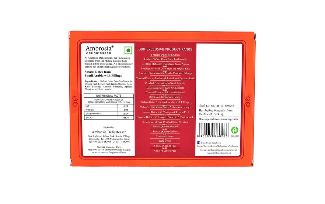 Ambrosia Delicatessen Safawi Dates From Saudi Arabia With Fillings   Box  250 grams